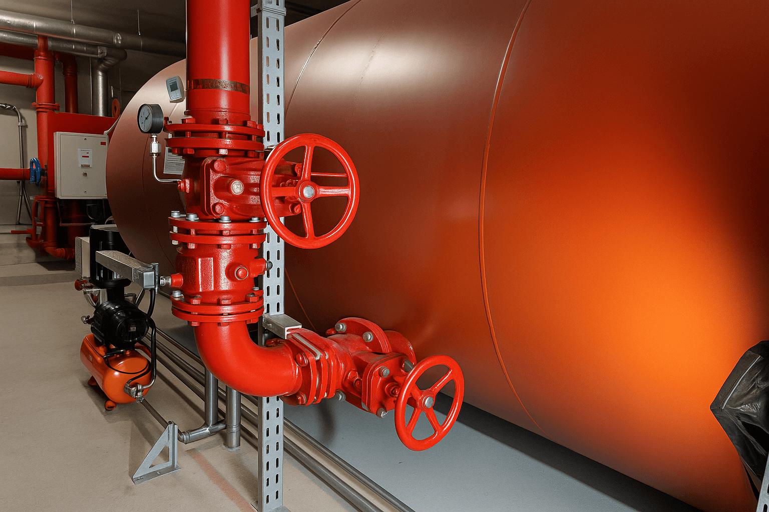 Sprinkleranlage mit rotem Rohrsystem und Sprinklertank – Beispiel für Sprinklertank-Sanierung durch musmanndirect Anlagenbau in Deutschland.